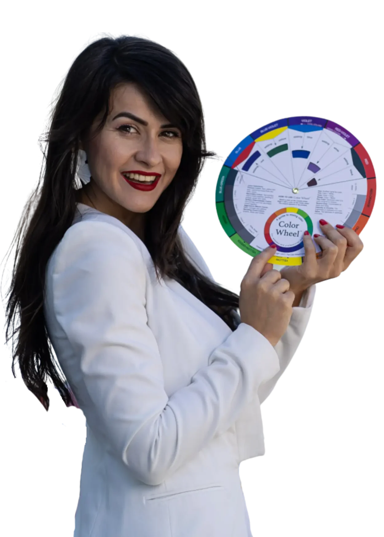 Alexandra Radus – consultant imagine certificat, ținând roata culorilor ByFERIAL în cadrul unei sesiuni de analiză cromatică dedicată femeilor care doresc să își evidențieze trăsăturile naturale